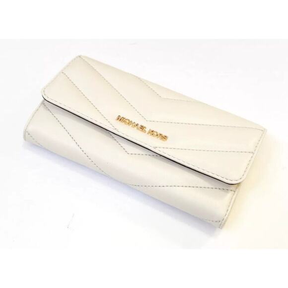 Michael Kors Jet Set Travel Large Trifold Wallet Quilted Stripe Light Cream/Gold - Picture 3 of 9